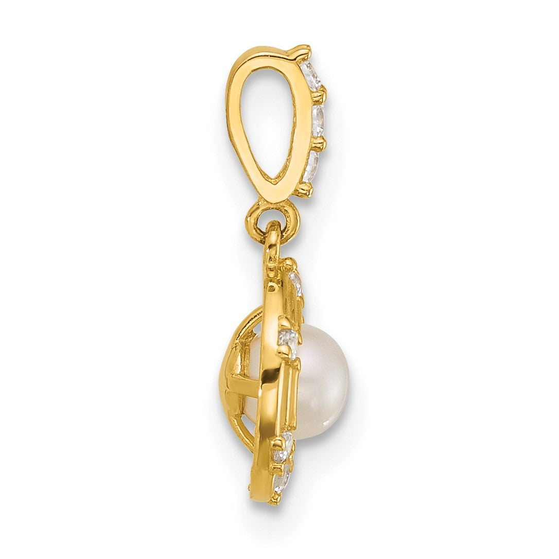 14k Polished and Grooved White Freshwater Cultured Pearl and CZ Circle Pendant