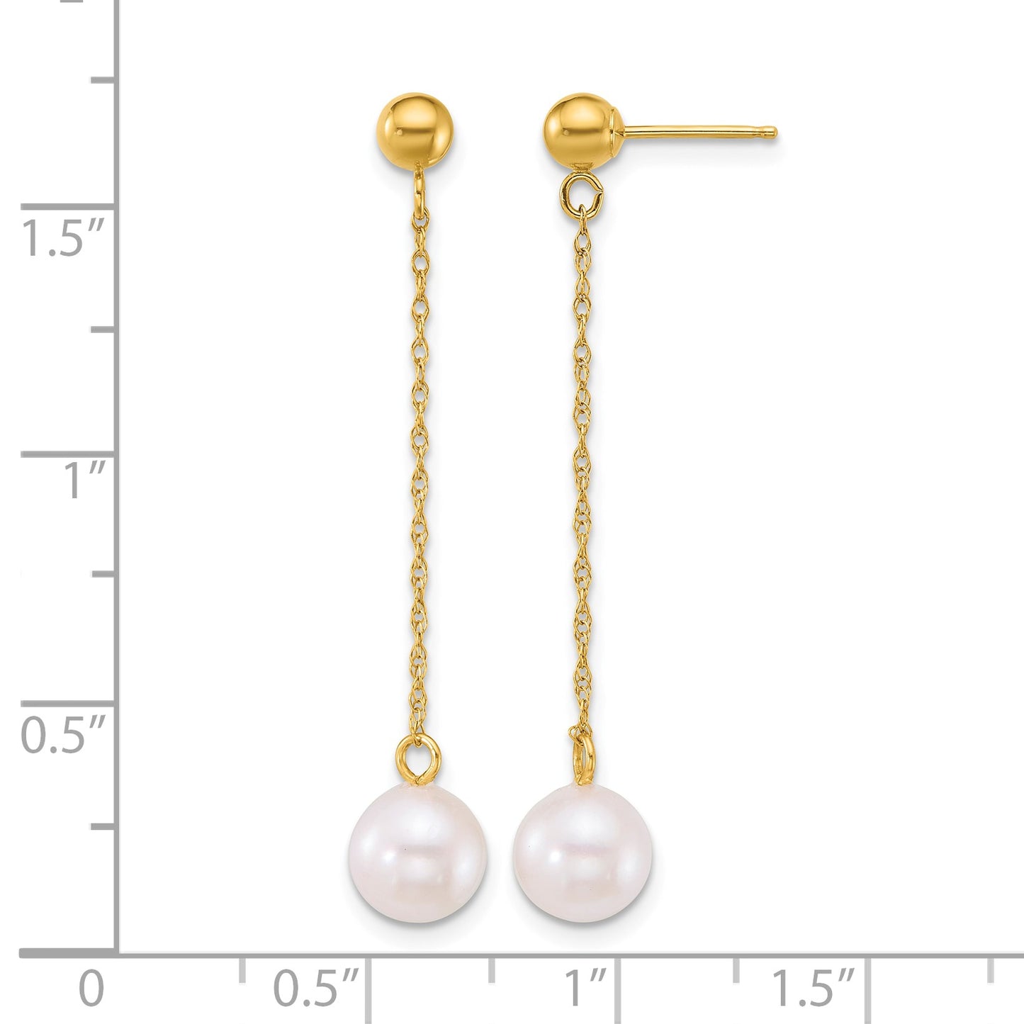 14k Polished 6.5-7mm White Round Akoya Saltwater Cultured Pearl Chain Dangle Post Earrings