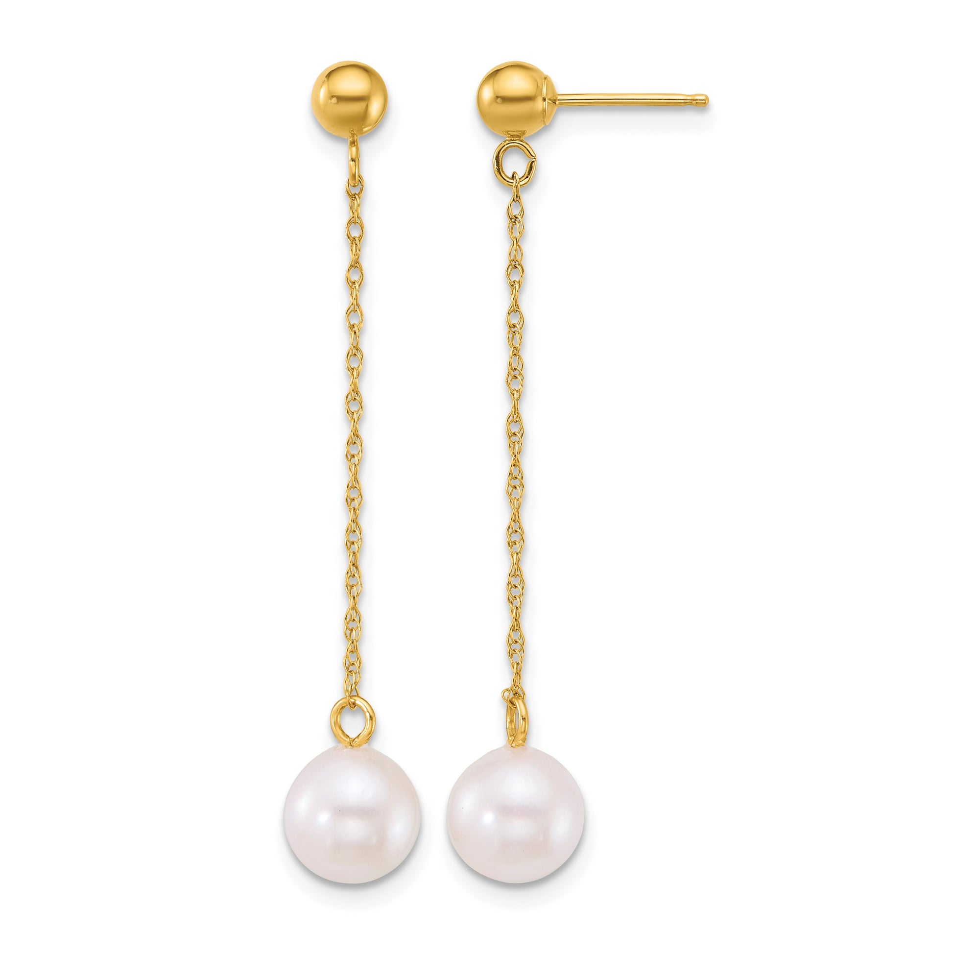 14k Polished 6.5-7mm White Round Akoya Saltwater Cultured Pearl Chain Dangle Post Earrings