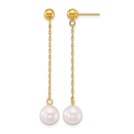 14k Polished 6.5-7mm White Round Akoya Saltwater Cultured Pearl Chain Dangle Post Earrings