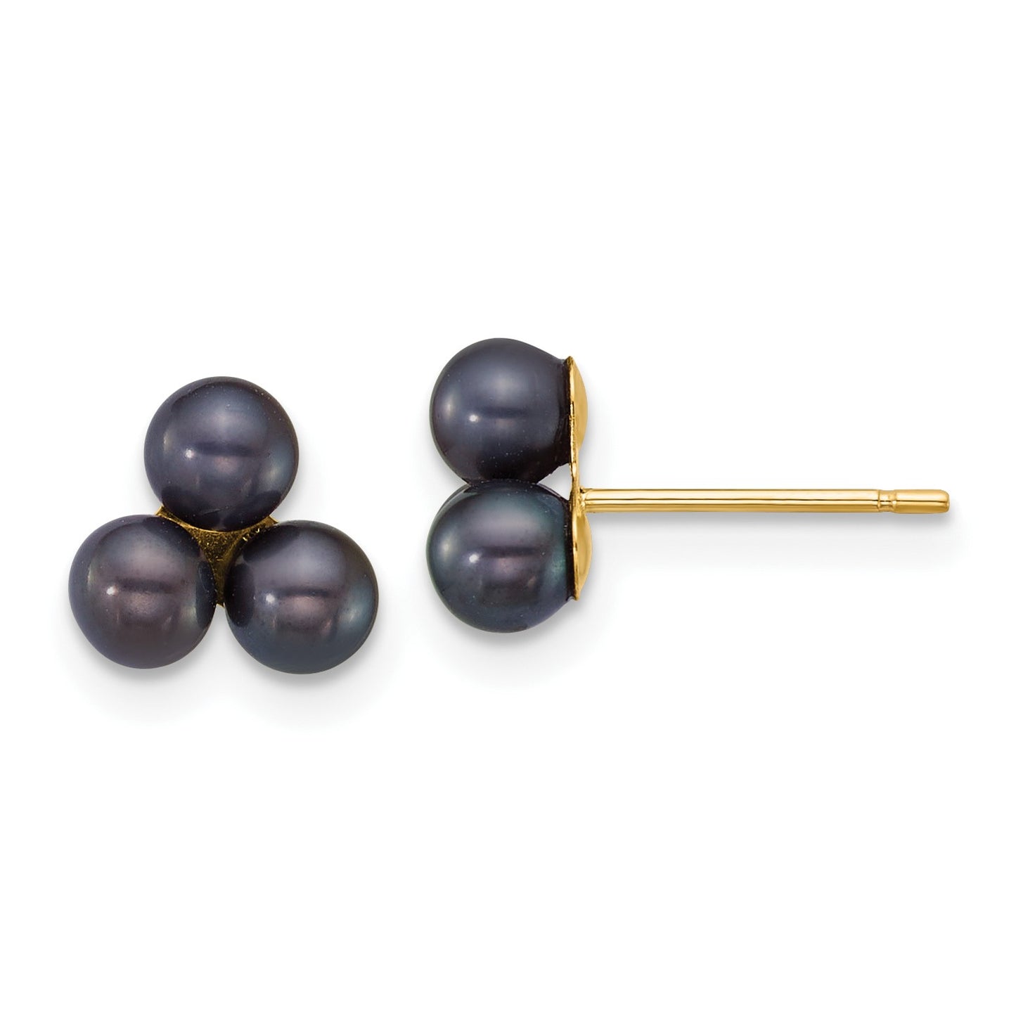 14k Polished 3-4mm Button Black Freshwater Cultured 3-Pearl Post Earrings