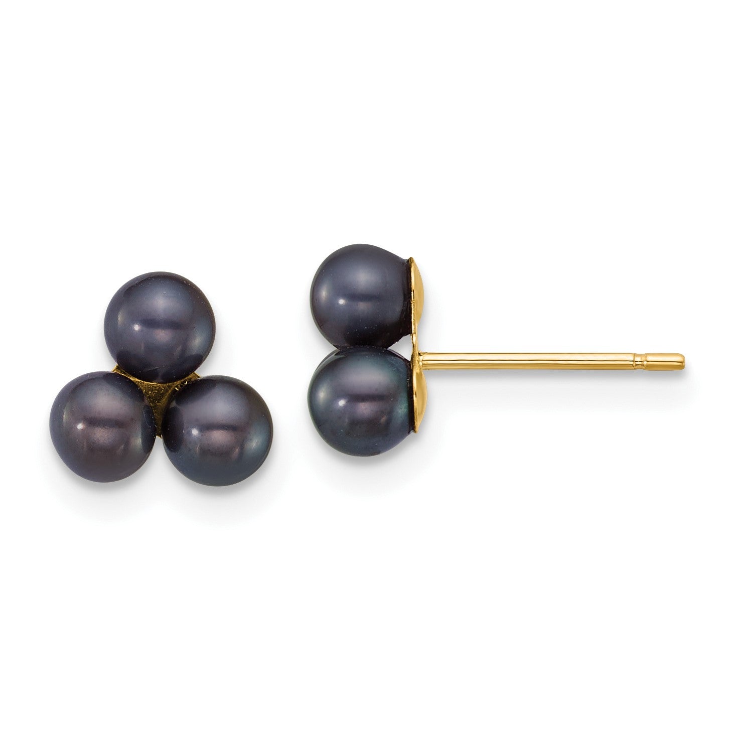 14k Polished 3-4mm Button Black Freshwater Cultured 3-Pearl Post Earrings
