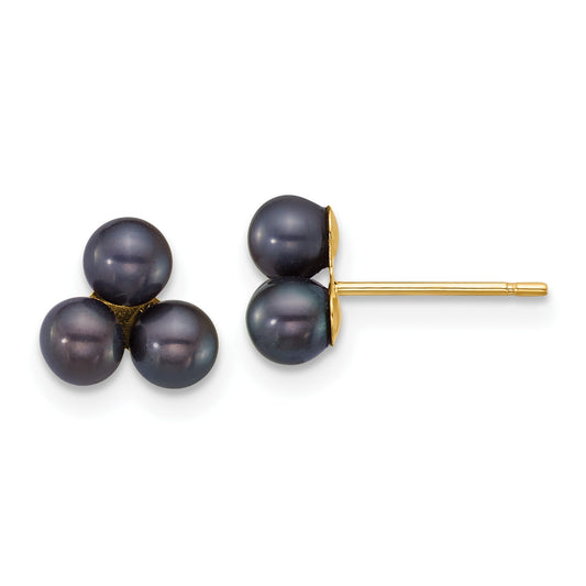 14k Polished 3-4mm Button Black Freshwater Cultured 3-Pearl Post Earrings
