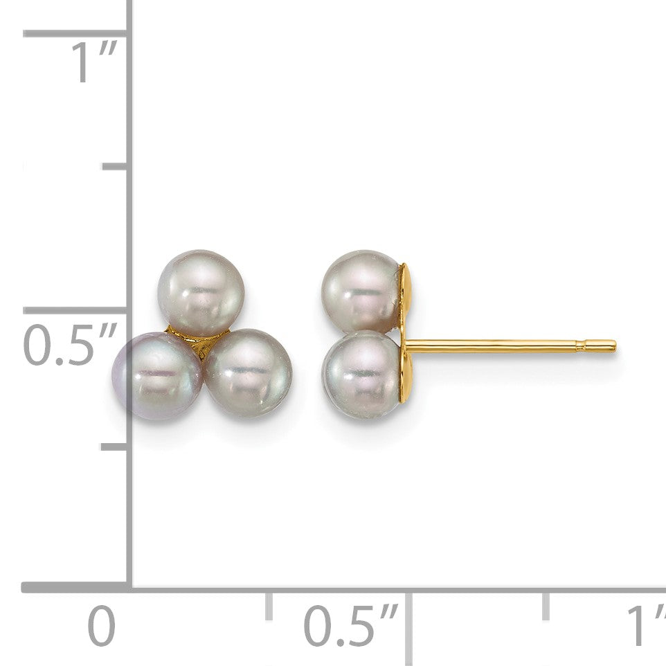 14k Polished 3-4mm Button Grey Freshwater Cultured 3-Pearl Post Earrings
