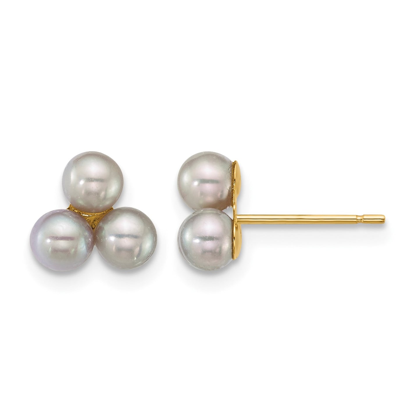 14k Polished 3-4mm Button Grey Freshwater Cultured 3-Pearl Post Earrings