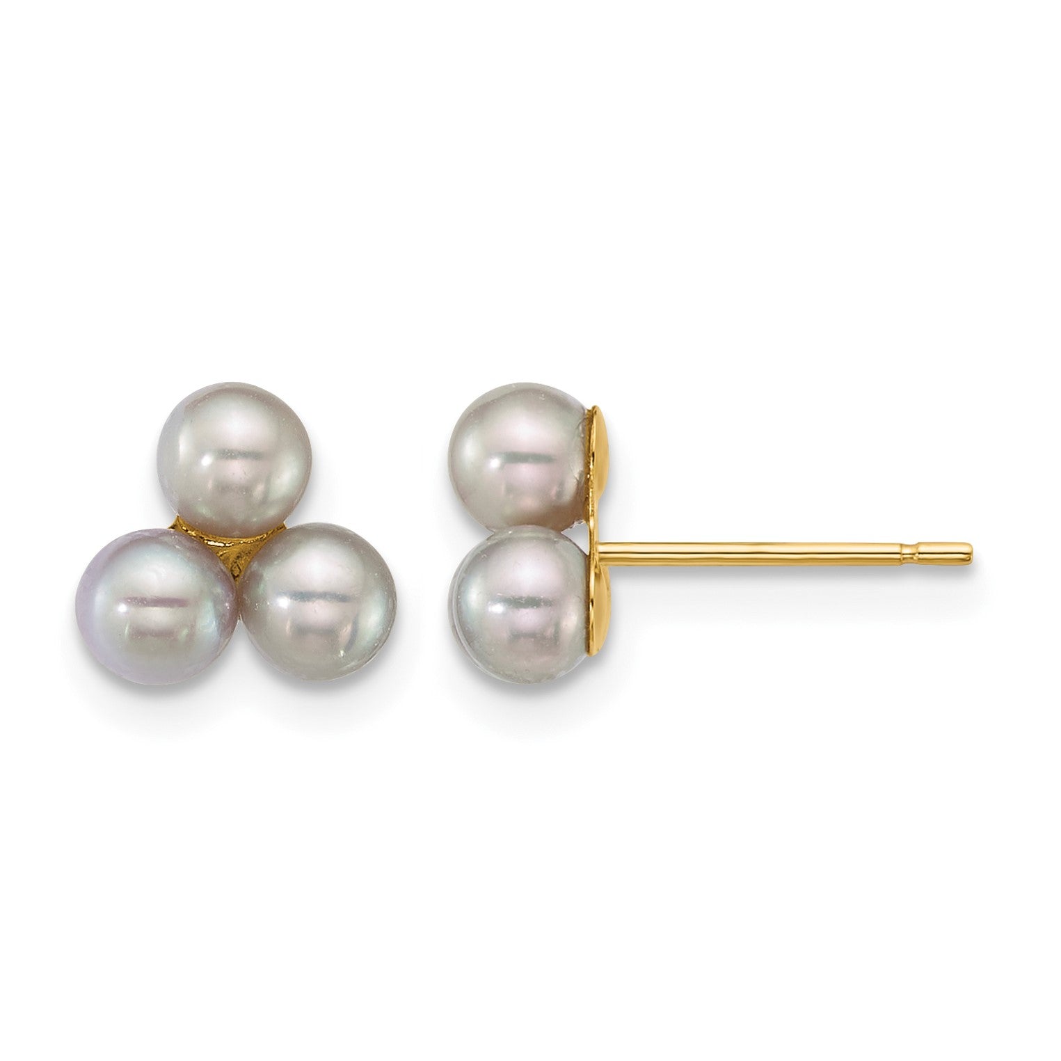 14k Polished 3-4mm Button Grey Freshwater Cultured 3-Pearl Post Earrings