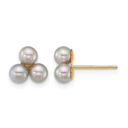 14k Polished 3-4mm Button Grey Freshwater Cultured 3-Pearl Post Earrings