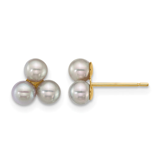 14k Polished 3-4mm Button Grey Freshwater Cultured 3-Pearl Post Earrings