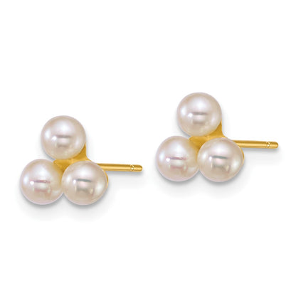 14k 3-4mm White Button Freshwater Cultured 3 Pearl Post Earrings