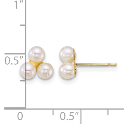 14k Polished 3-4mm Button White Freshwater Cultured 3-Pearl Post Earrings