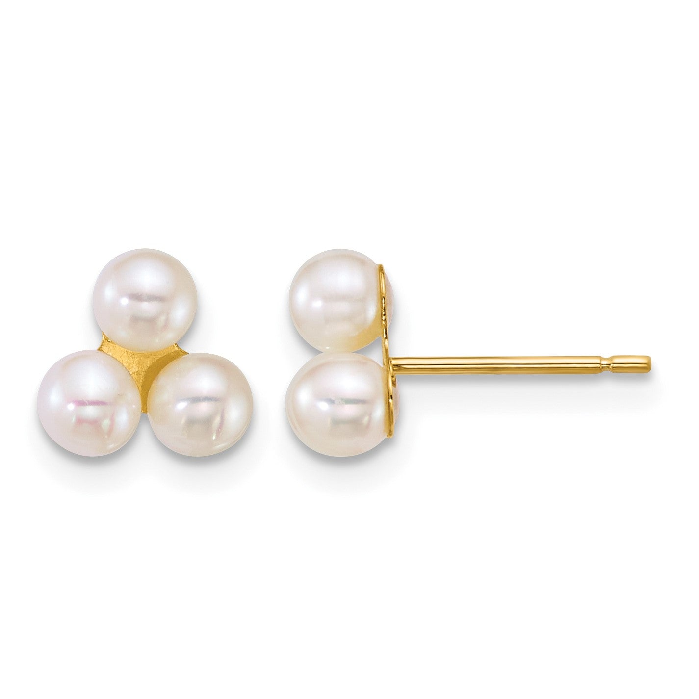 14k Polished 3-4mm Button White Freshwater Cultured 3-Pearl Post Earrings