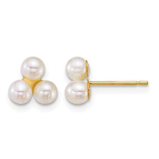 14k Polished 3-4mm Button White Freshwater Cultured 3-Pearl Post Earrings