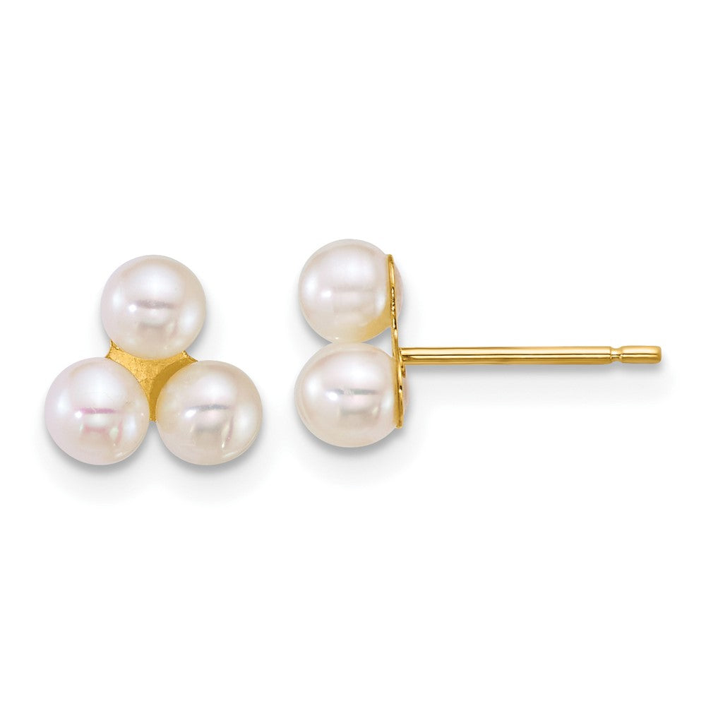 14k 3-4mm White Button Freshwater Cultured 3 Pearl Post Earrings