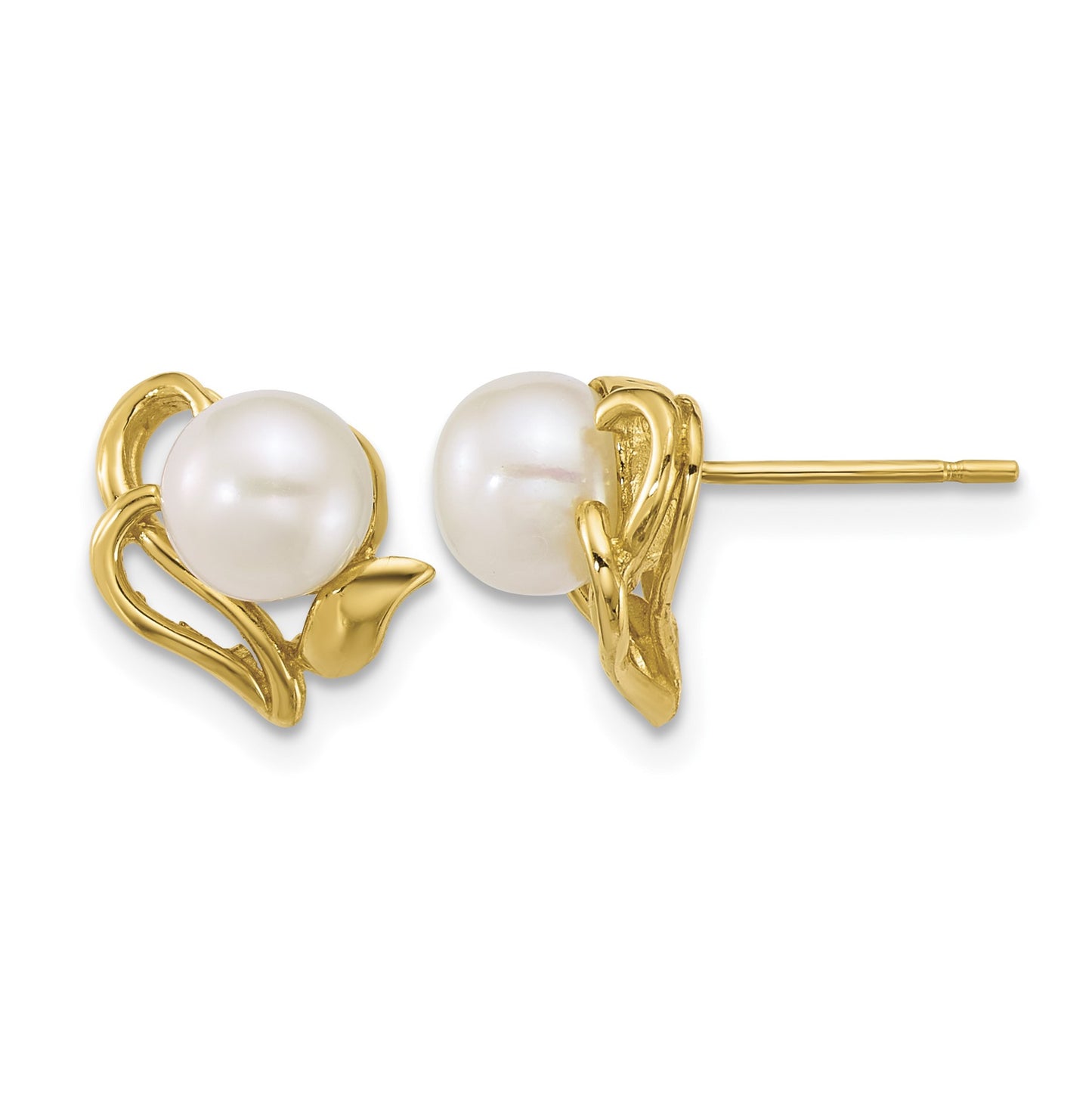 14k Polished 6-7mm Button White Freshwater Cultured Pearl Flower Post Earrings