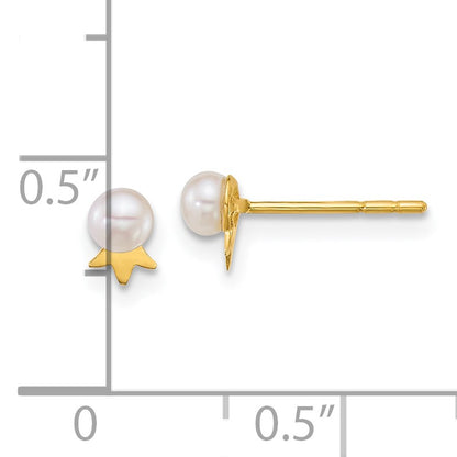 14k Polished 3-4mm Round White Freshwater Cultured Pearl with Crown Post Earrings