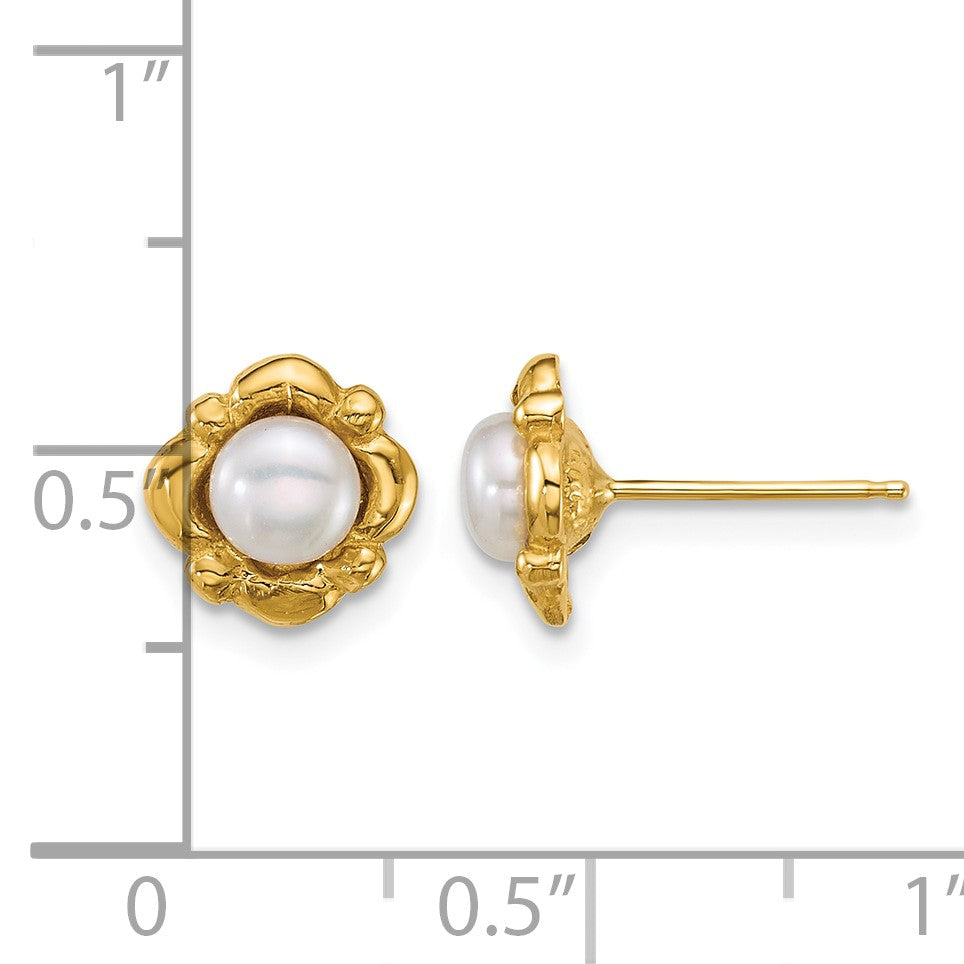 14k Polished 4-5mm Button White Freshwater Cultured Pearl Post Earrings