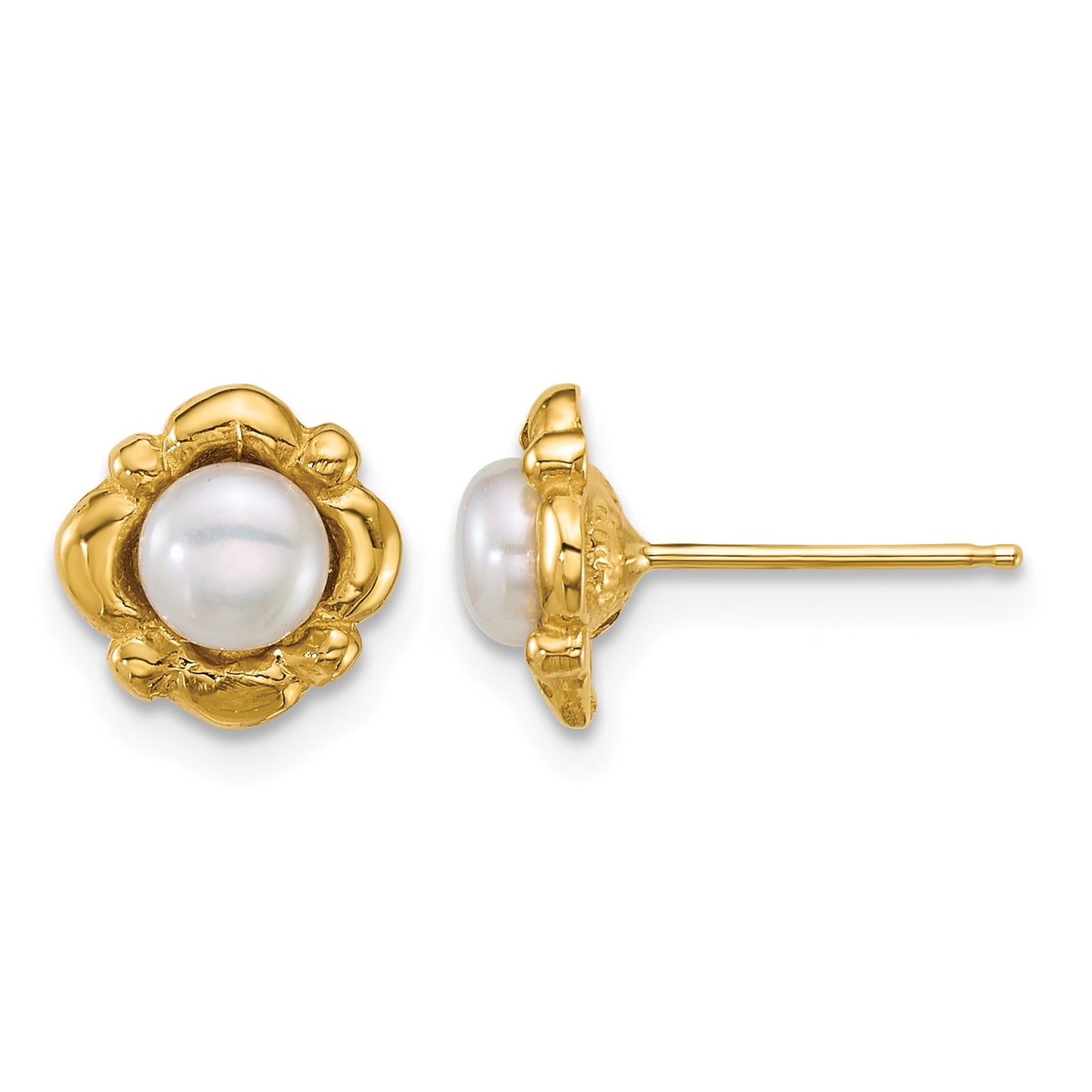 14k Polished 4-5mm Button White Freshwater Cultured Pearl Post Earrings