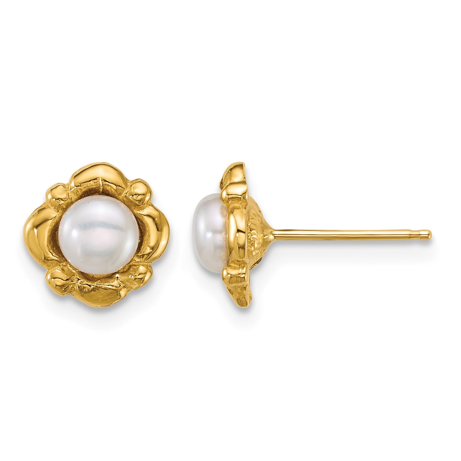 14k Polished 4-5mm Button White Freshwater Cultured Pearl Post Earrings