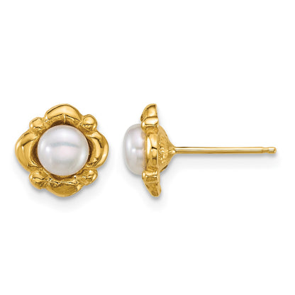 14k Polished 4-5mm Button White Freshwater Cultured Pearl Post Earrings