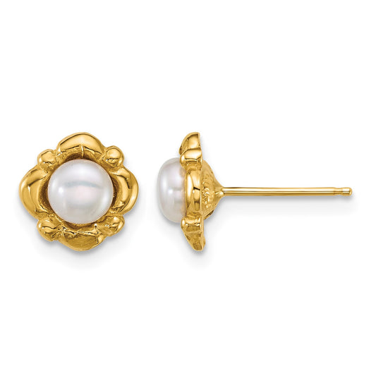 14k Polished 4-5mm Button White Freshwater Cultured Pearl Post Earrings
