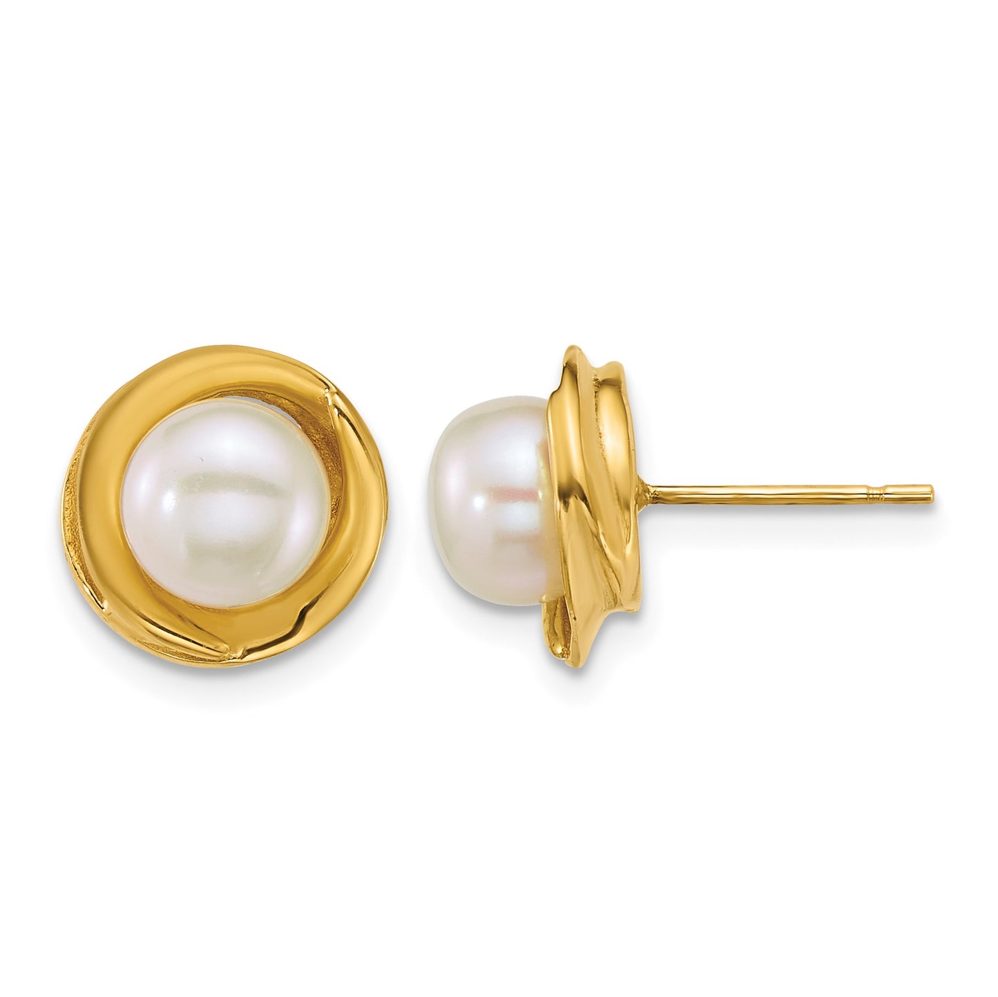 14k Polished 6-7mm Button White Freshwater Cultured Pearl Post Earrings