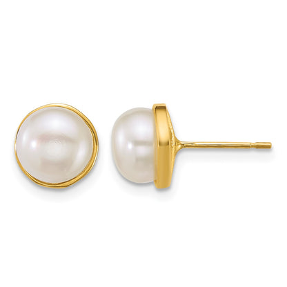 14k Polished 7-8mm Button White Freshwater Cultured Pearl Post Earrings