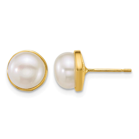14k Polished 7-8mm Button White Freshwater Cultured Pearl Post Earrings