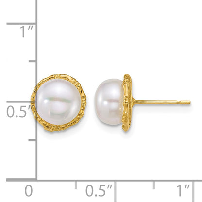 14k Polished and Textured 7-8mm Button White Freshwater Cultured Pearl Post Earrings