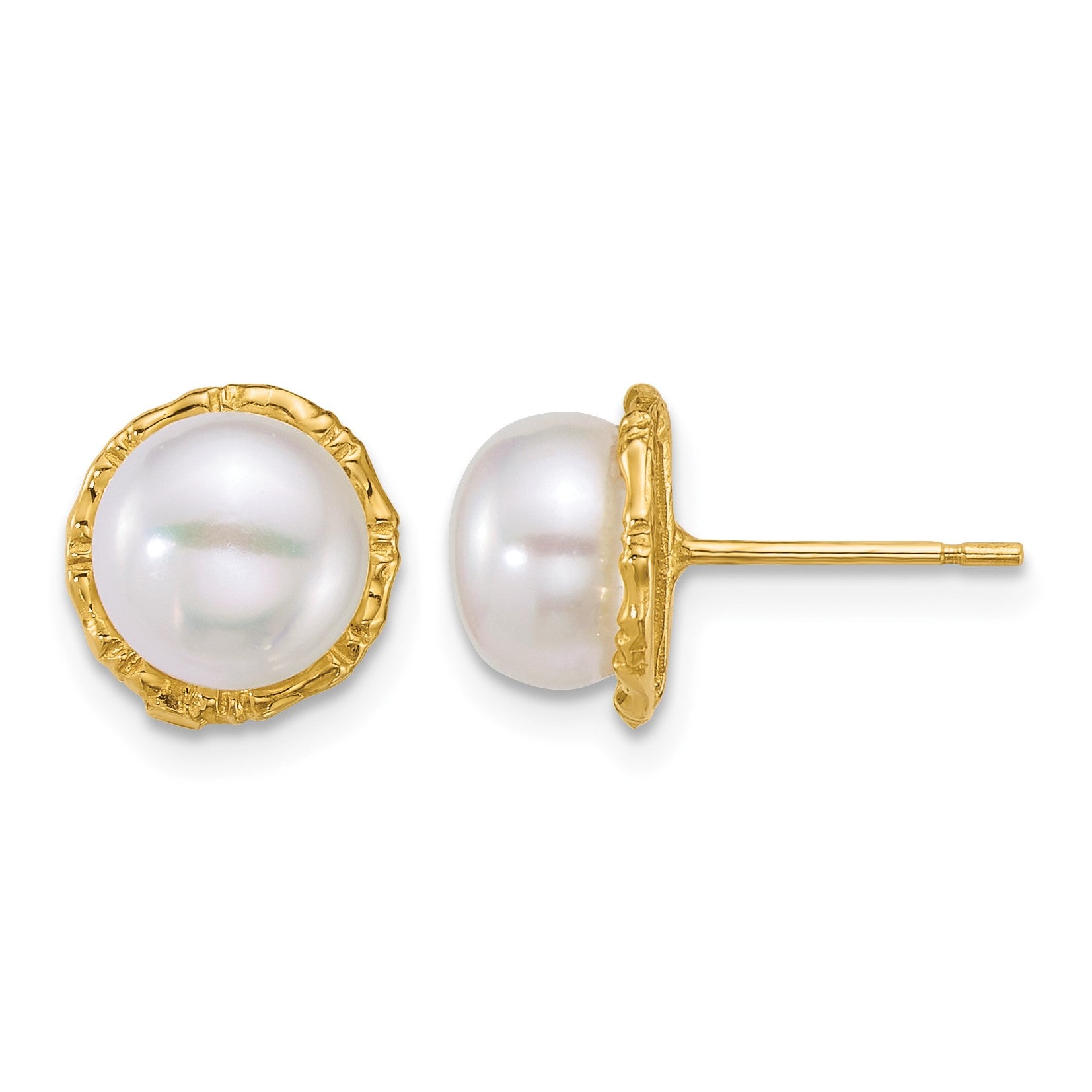 14k Polished and Textured 7-8mm Button White Freshwater Cultured Pearl Post Earrings