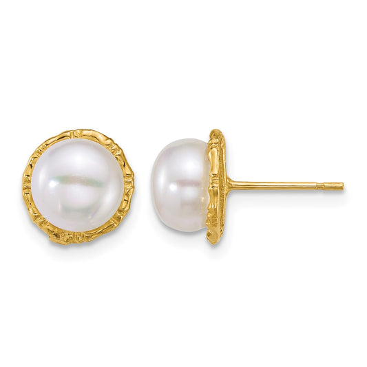 14k Polished and Textured 7-8mm Button White Freshwater Cultured Pearl Post Earrings