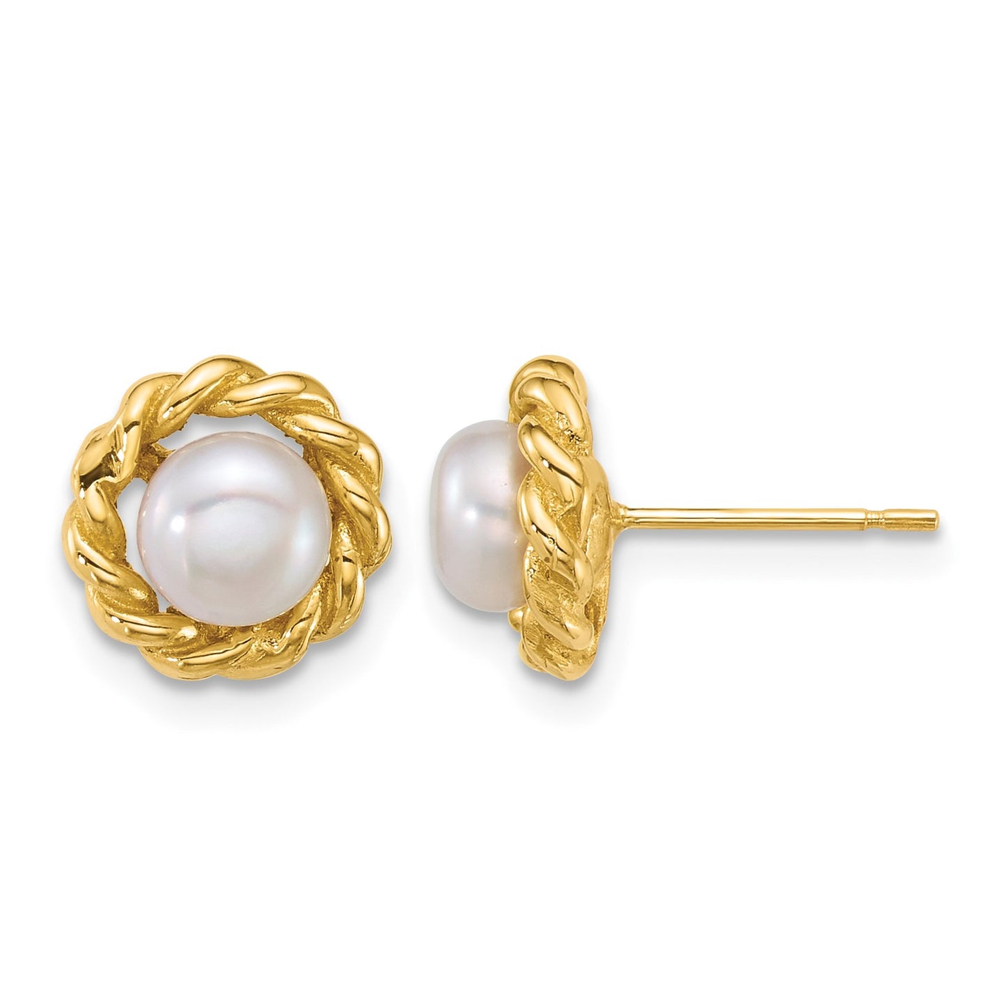 14k Polished 5-6mm Button White Freshwater Cultured Pearl Twisted Edge Post Earrings