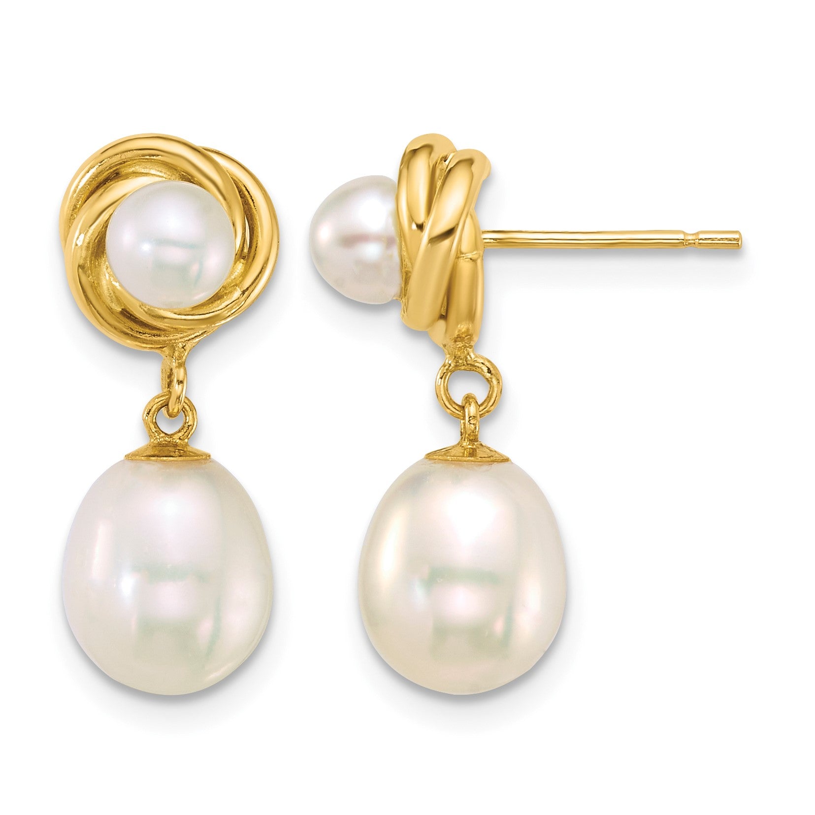 14k Polished 4-5mm Button and 7-8mm Rice White Freshwater Cultured Pearl Dangle Post Earrings