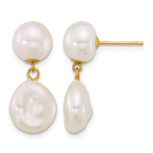 14k Polished 7-10mm Button and Baroque White Freshwater Cultured Pearl Dangle Post Earrings