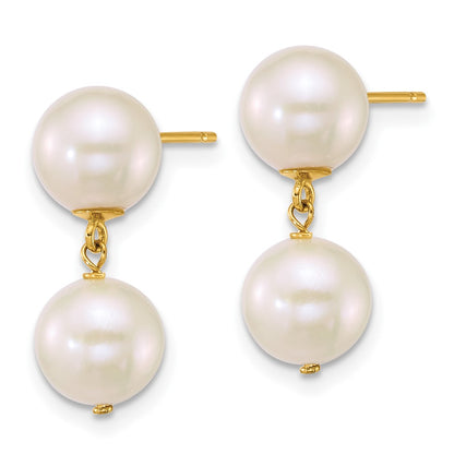 14k 7-8mm White Round Freshwater Cultured 2 Pearl Dangle Hoop Earrings