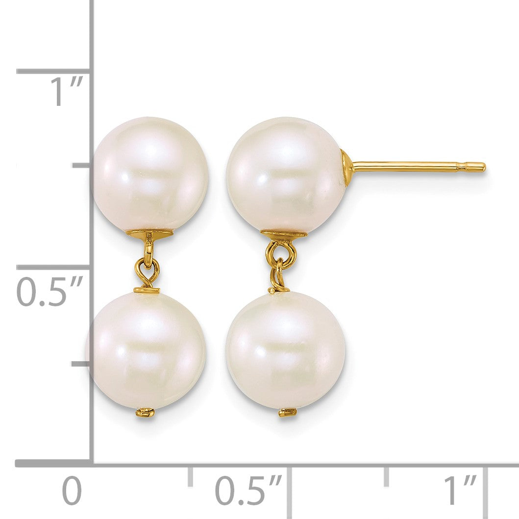 14k Polished 7-8mm Round White Freshwater Cultured 2-Pearl Dangle Post Earrings