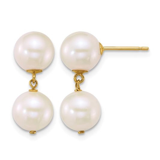 14k Polished 7-8mm Round White Freshwater Cultured 2-Pearl Dangle Post Earrings