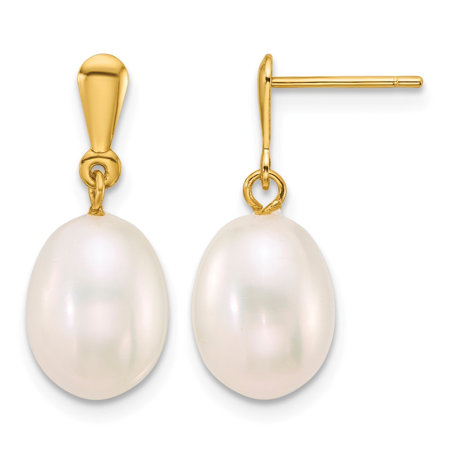 14k Polished 8-9mm Rice White Freshwater Cultured Pearl Dangle Post Earrings