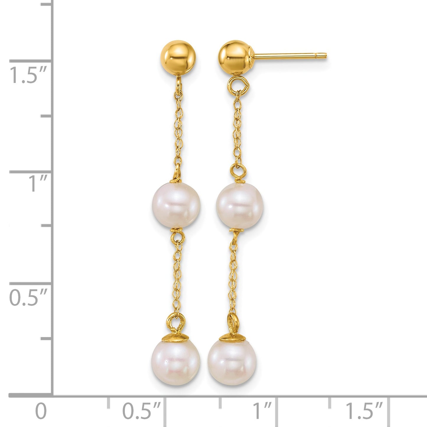 14k Polished 5-6mm Round White Freshwater Cultured 2-Pearl and Chain Dangle Post Earrings