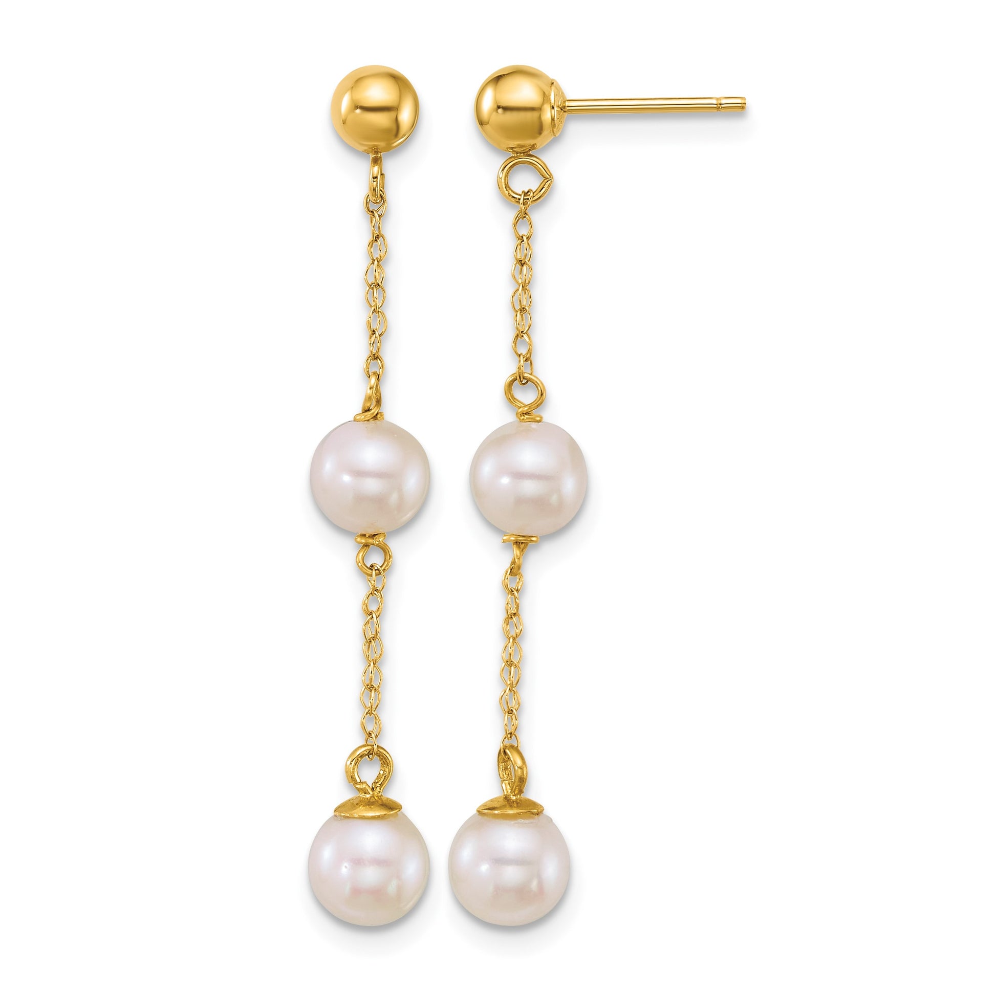 14k Polished 5-6mm Round White Freshwater Cultured 2-Pearl and Chain Dangle Post Earrings