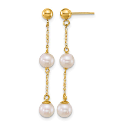 14k Polished 5-6mm Round White Freshwater Cultured 2-Pearl and Chain Dangle Post Earrings