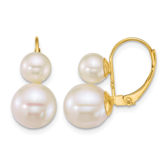 14k Polished 6-9mm Round White Freshwater Cultured 2-Pearl Leverback Earrings