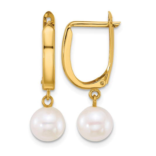 14k Polished 7-8mm Round White Freshwater Cultured Pearl Dangle Hoop Earrings