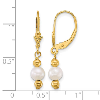 14k Polished 5-6mm Round White Freshwater Cultured Pearl and Bead Dangle Leverback Earrings
