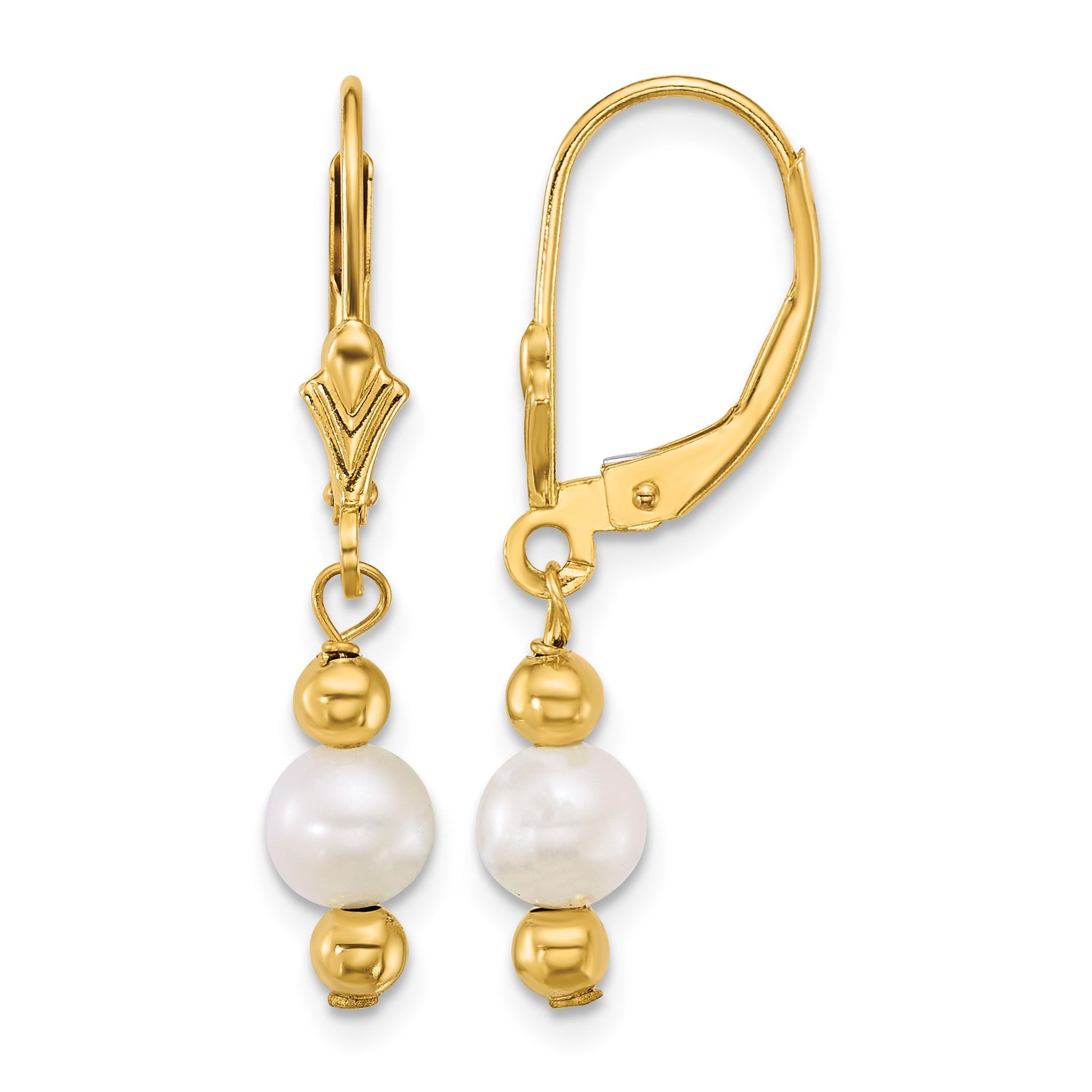 14k Polished 5-6mm Round White Freshwater Cultured Pearl and Bead Dangle Leverback Earrings