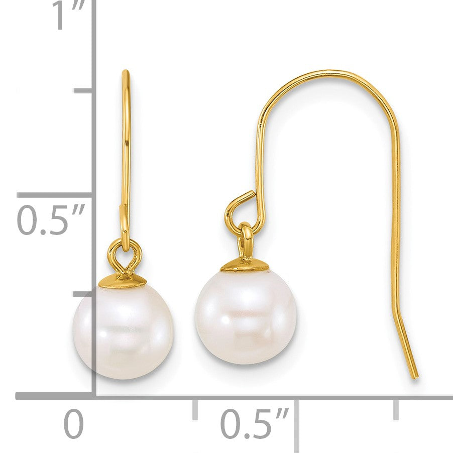 14k Polished 6-7mm Round White Freshwater Culture Pearl Dangle Shepherd Hook Earrings
