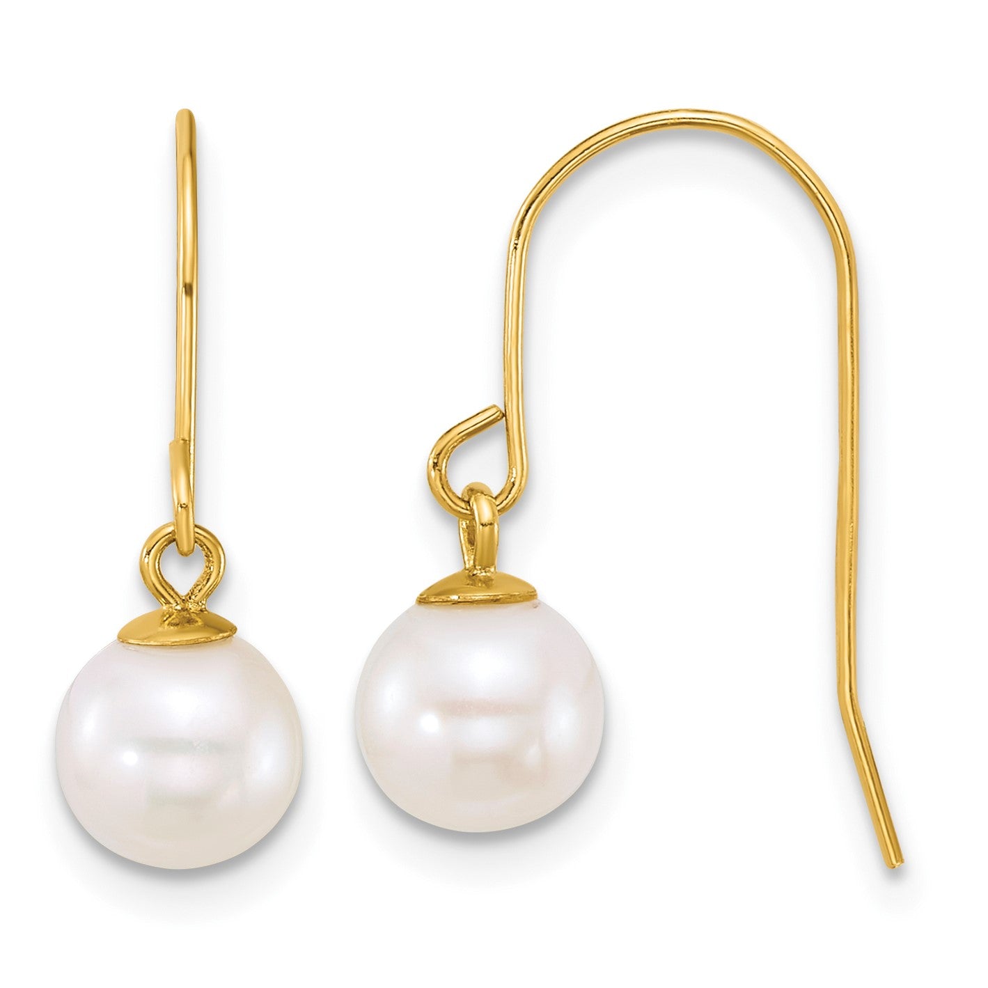 14k Polished 6-7mm Round White Freshwater Culture Pearl Dangle Shepherd Hook Earrings