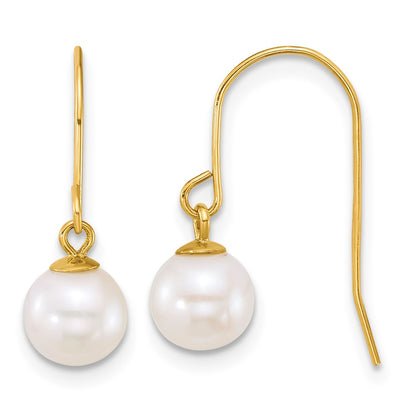14k Polished 6-7mm Round White Freshwater Culture Pearl Dangle Shepherd Hook Earrings