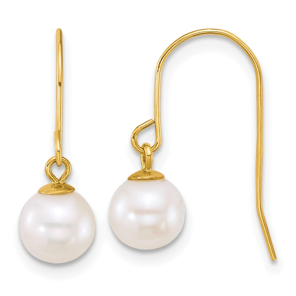 14k 6-7mm White Round Freshwater Cultured Pearl Dangle Shepherd Hook Earrings