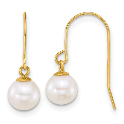 14k 6-7mm White Round Freshwater Cultured Pearl Dangle Shepherd Hook Earrings