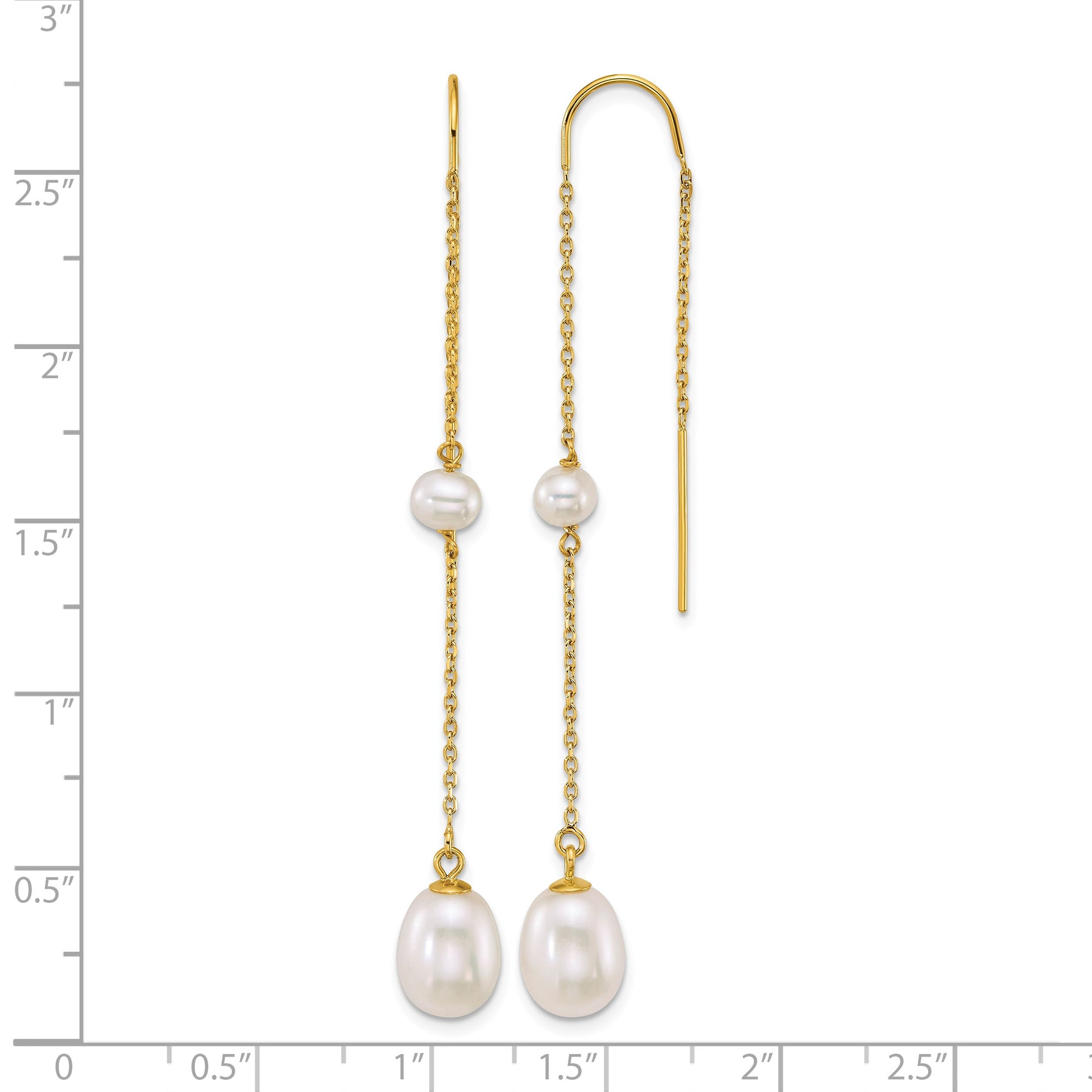 14k Polished 4-5mm Near Round and 7-8mm Teardrop White Freshwater Cultured Pearl and Chain Threader Earrings